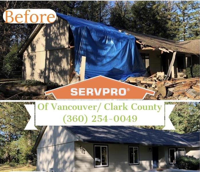 Fallen trees on rooftop before and after
