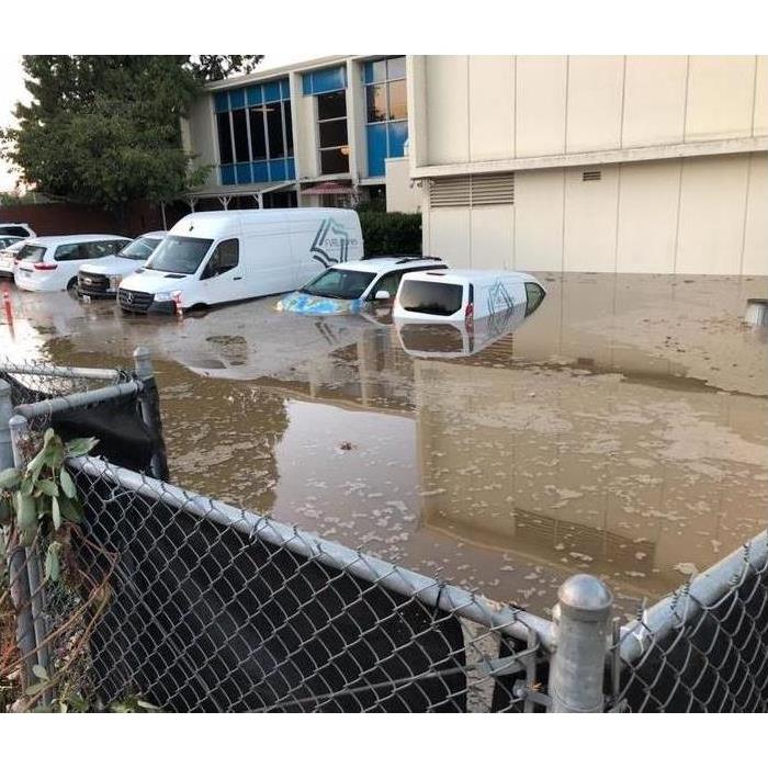 Flooded commercial building and parking lot