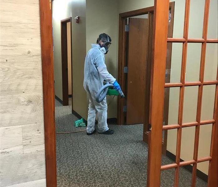 Disinfecting office in PPE
